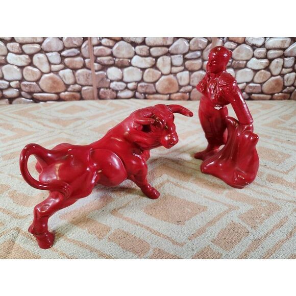 Vintage Ceramic Red Matador and Bull Statues - Picture 1 of 16